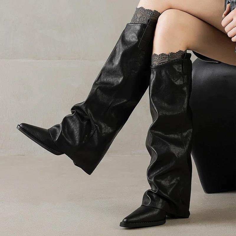 Women's High Boots Elegant Mid Heels Fashion Knee High Shoes 2025 Winter Pumps Chelsea Boots New Walking Leather Mujer De Botas