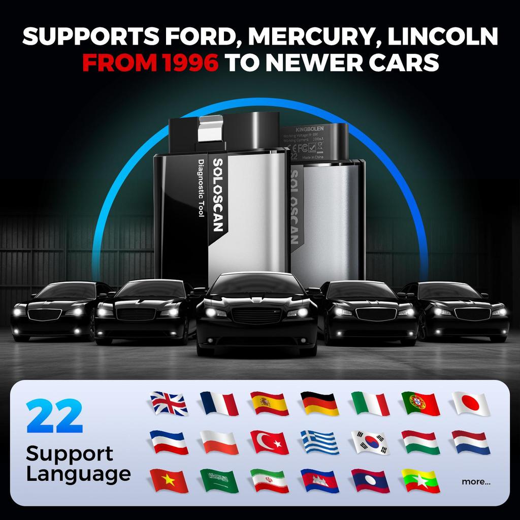 KINGBOLEN Soloscan Herramienta de Diagnóstico OBD2 para Ford/Mazda, Todos los Sistemas para iPhone y Android, 50+ Restablecimientos, Bidireccional, Prueba Activa, Actualización Gratuita de por Vida