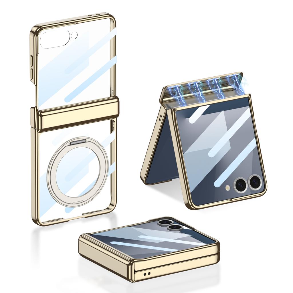 Magnetic Hinge Ring Holder Case for Samsung Galaxy Z Flip 7 Luxury Plating Edge Screen Glass Hard Cover for Galaxy Z Flip7 Case