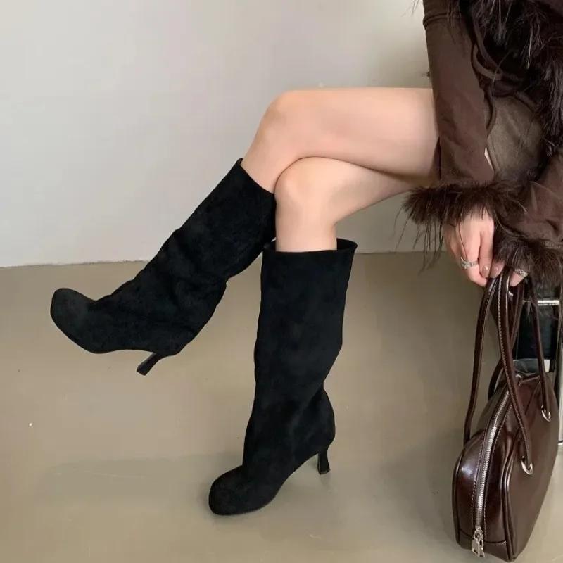 Luxury Women's Boots Winter Round Toe Knee-High Women Boots Punk Thin High Heels Women Shoe Female Long Booties