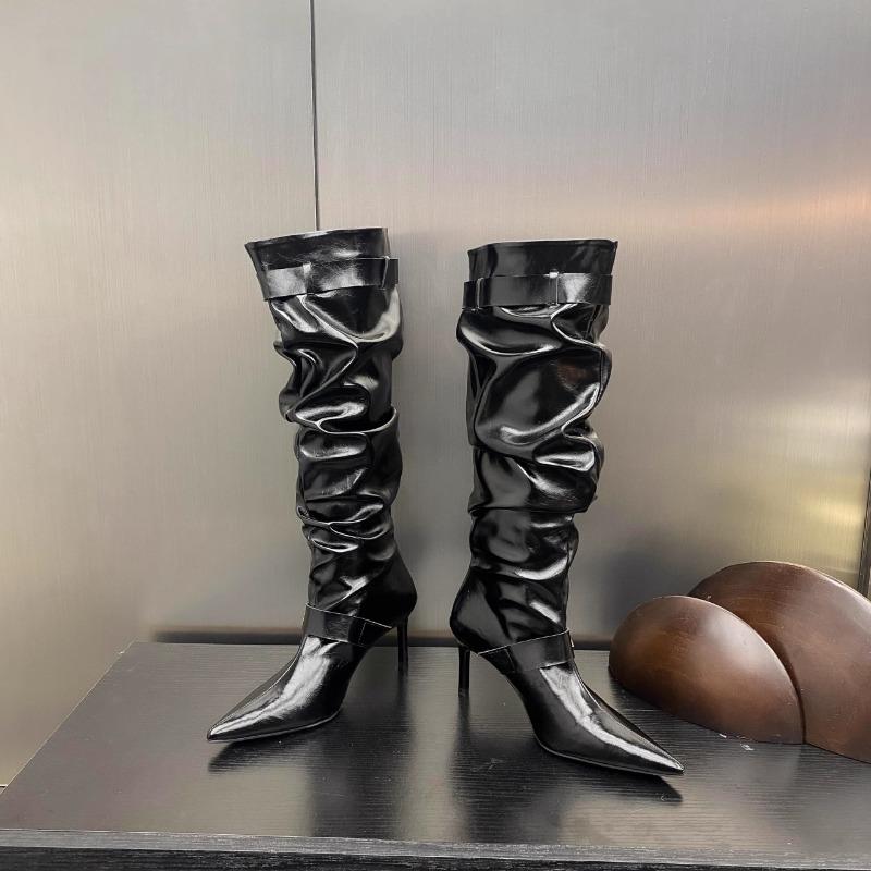 Mode Spitzschuh Dünne Sohle Stilettoabsatz Übergröße Plissierte Mid-Calf Stiefel Damenschuhe