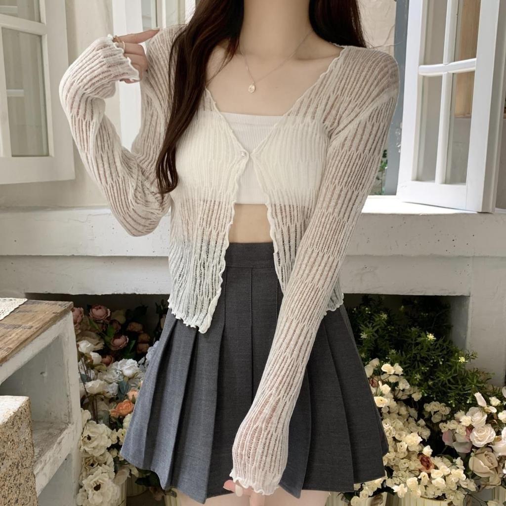 Summer Thin Sun Protection Coat Short Knit Cardigan Hollow Out V-neck Long Sleeve Shawl Top Air Conditioning Cover Up