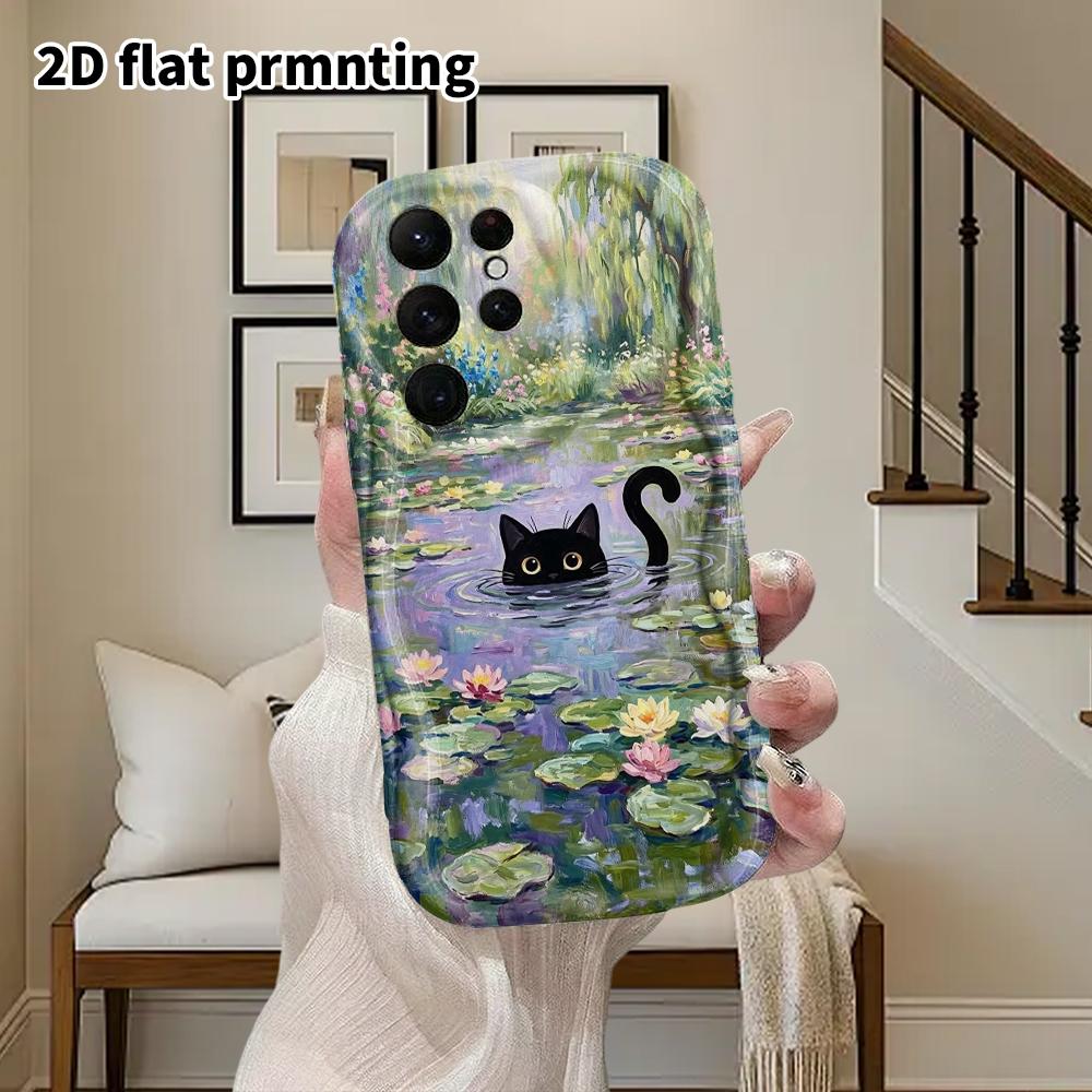 Phone Case: 2D Flat Samsung Galaxy A34 A35 M05 M06 S20 S22 S21 FE Plus 5G Protective Case, Couple Style, Water Lily Black Cat, Christmas and Halloween