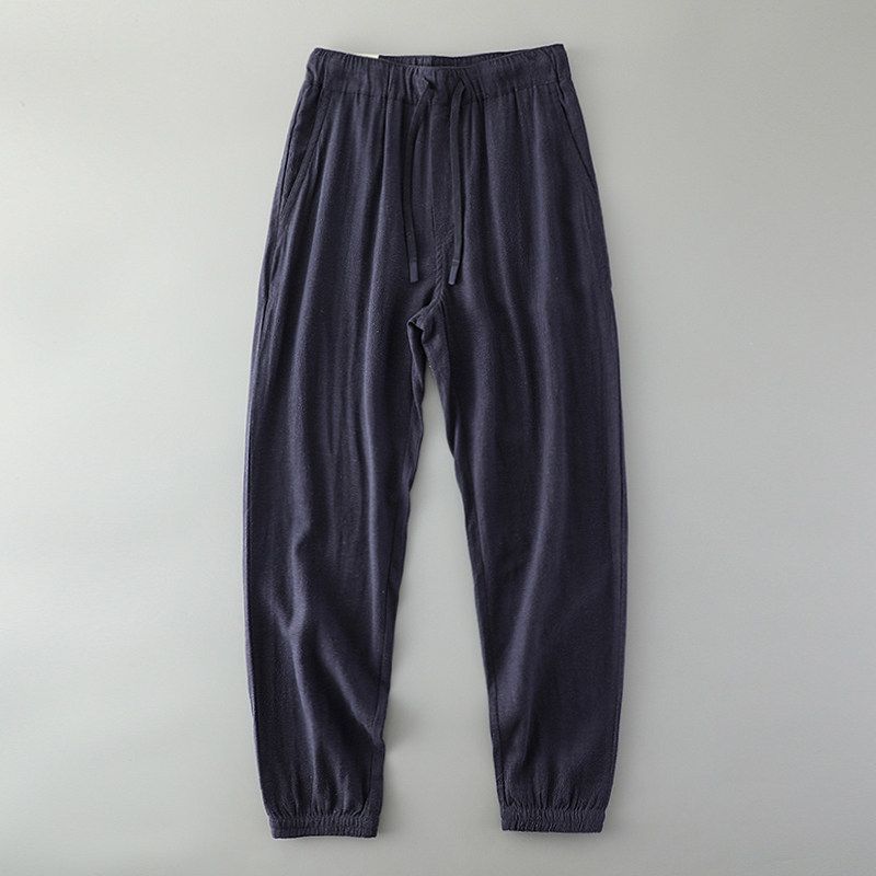 Summer Thin Wide Leg Men Linen Pants Deep Blue L