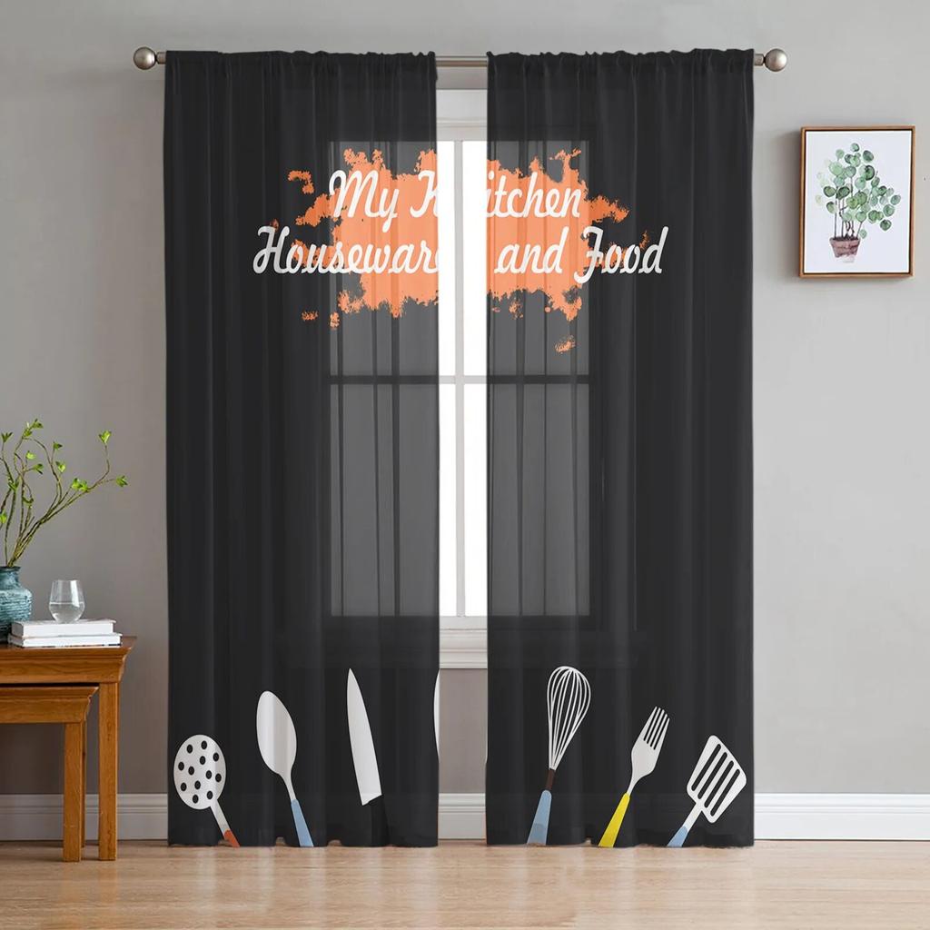 Kitchen Utensils Plaid Tulle Curtains For Living Room Chiffon Voile Sheer Window Curtain For Bedroom