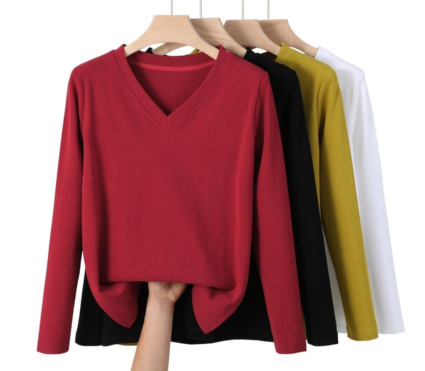 Women's Slim Fit V Neck Long Sleeve T-Shirt Solid Color Top for Spring and Fall Casual Shirts