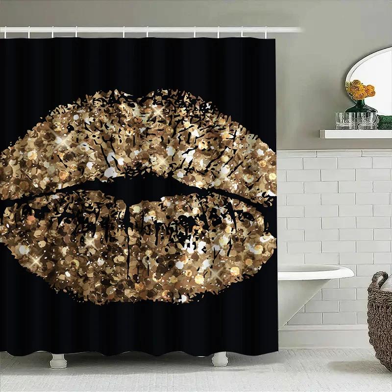 Gold Glitter Lip Print Shower Curtain Decorative Bath Liner For Home Bathroom 3D Printed Water Resistant Fabric Black Backgrou