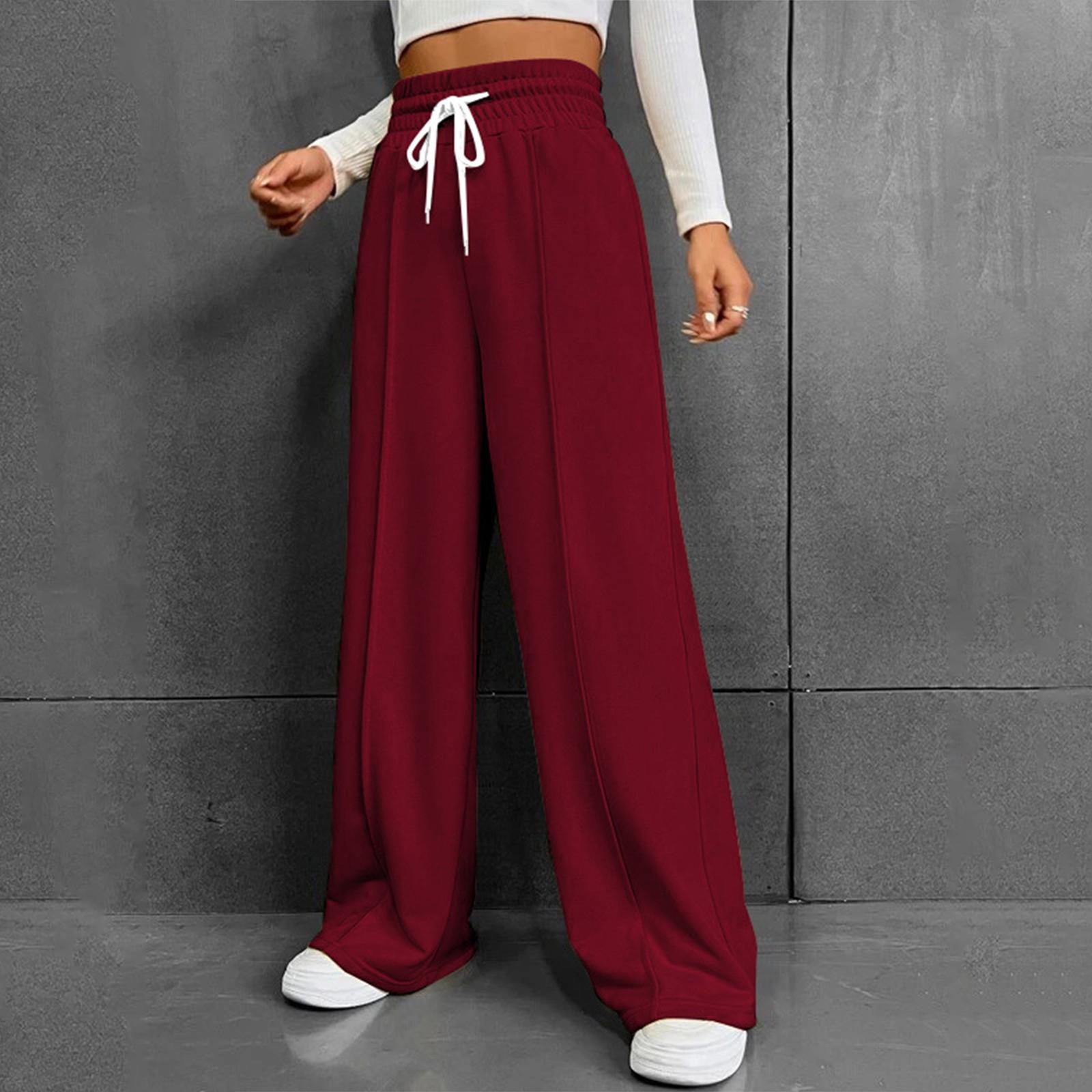 

Женские модные однотонные универсальные повседневные брюки с карманами, свободные спортивные брюки с высокой талией и широкими штанинами на шнурке XXL винный