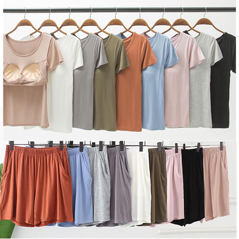 Women's Modal Chest Pad Short Sleeve Pajama Set - Summer Five-Point Shorts