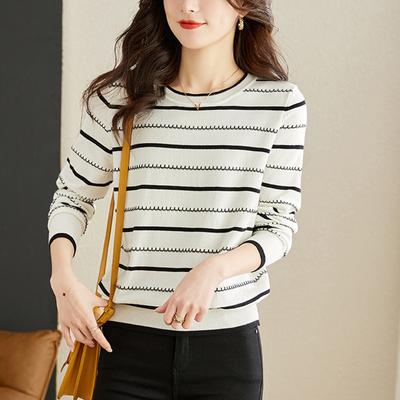 Gestreickte Strickware Damen Langarm Frühling und Herbst Unterziehshirt Locker Feminine Oberteile