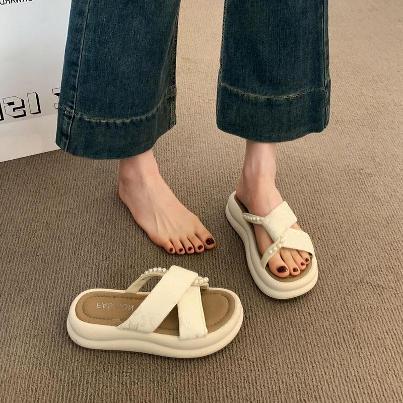 Fashion Shoes Woman 2025 String Bead Female Slippers Platform New Beach Slides Scandals String Bead House Slippers Platform Beach Shoes
