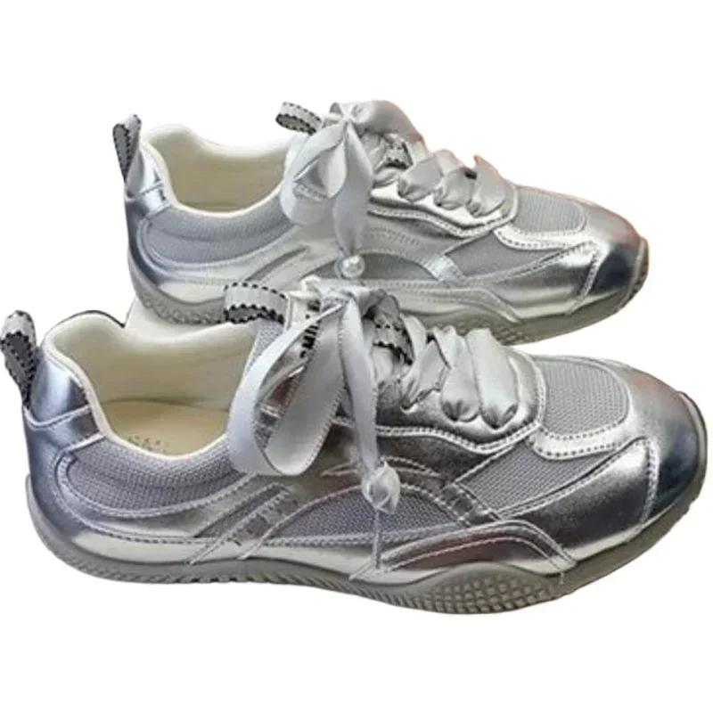 Fashion Silver Air Mesh Satin Shoelaces Lace Up Sneakers 2025 New Fashion Women Casual Shoes Round Toe Platform Training Shoes