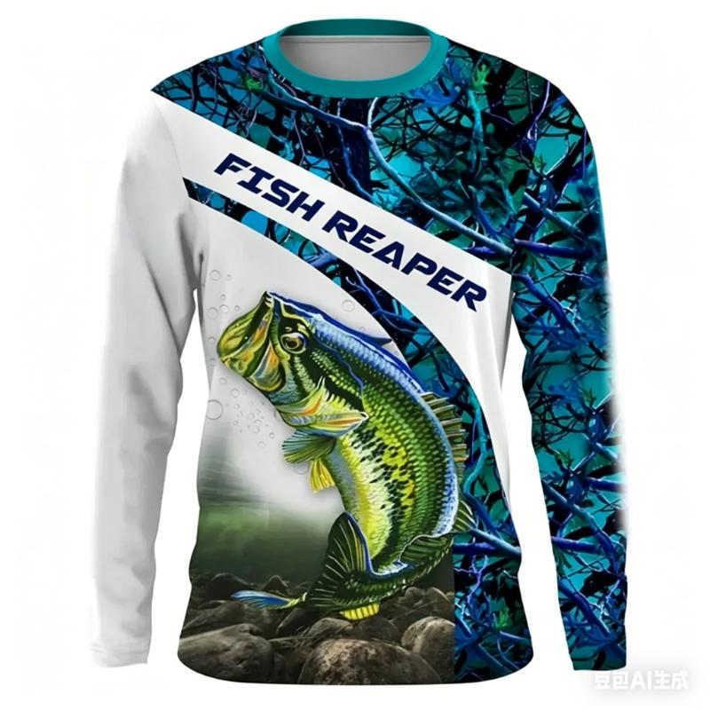 Fishing T Shirt for Men Summer Outdoor Fishing Apparel Sun Protective Long Sleeve 3D Printed Casual Tee UV Resistant Quick Dry