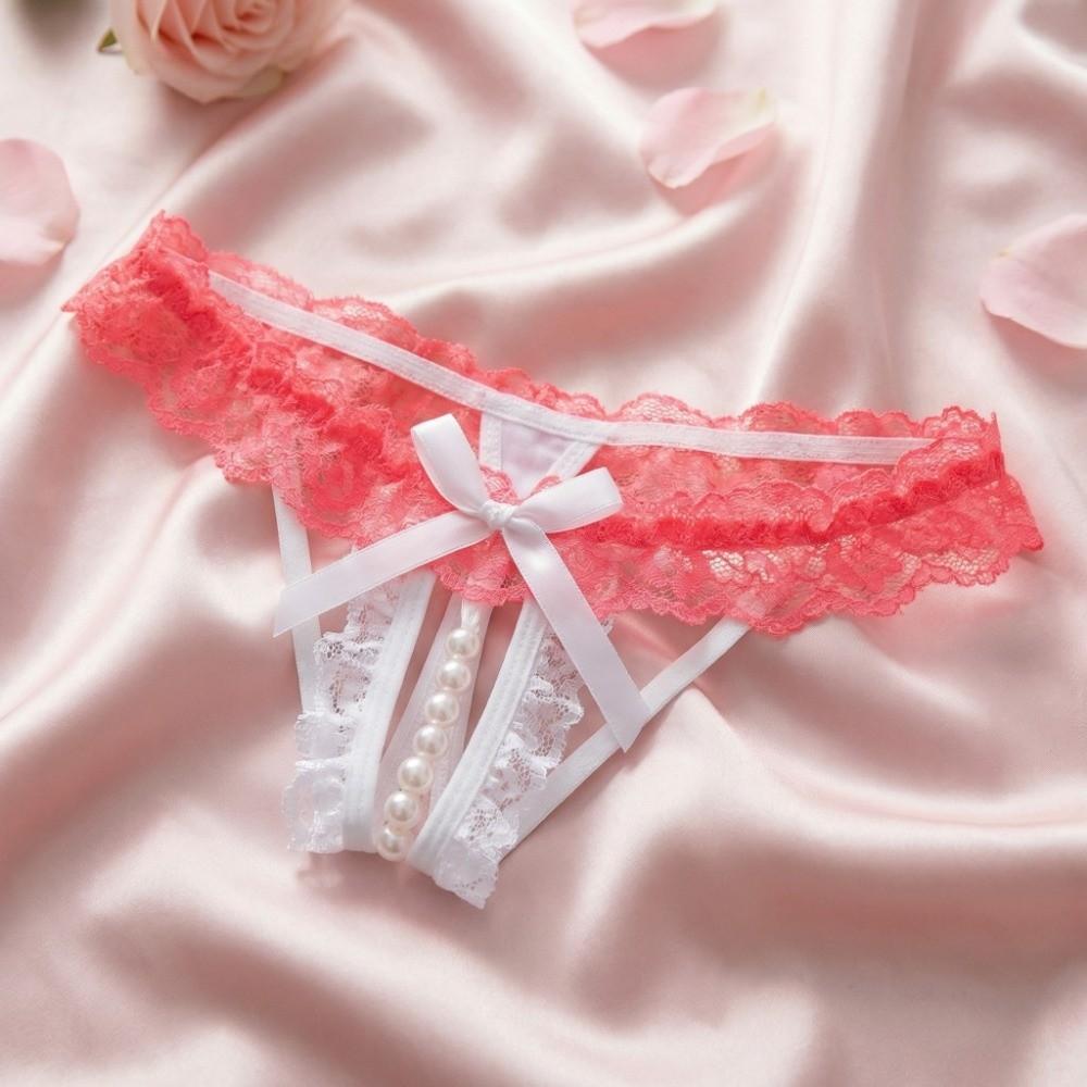 Low Waist Lace Pearl Panties Open Crotch See-through Thong Underwear for Women  Ladies Girls