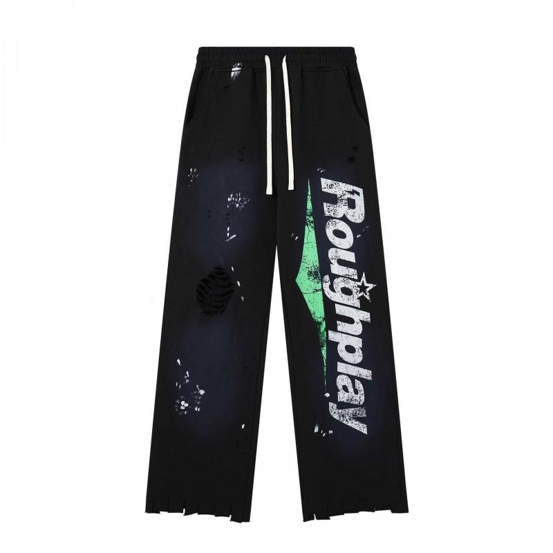 Roughplay Streetwear Pants Mens Loose Fit Distressed Washed Drawstring Trousers