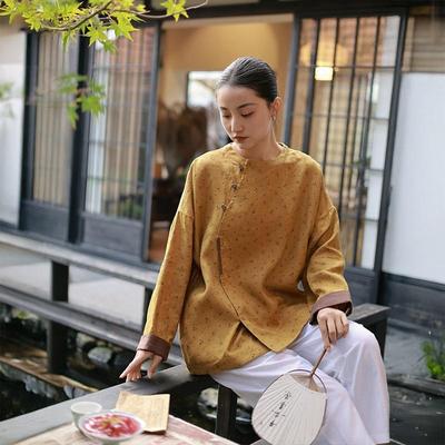 Women Vintage Shirts Print Floral O-Neck Long Sleeve Blouses Spring Button Chinese Style Shirts