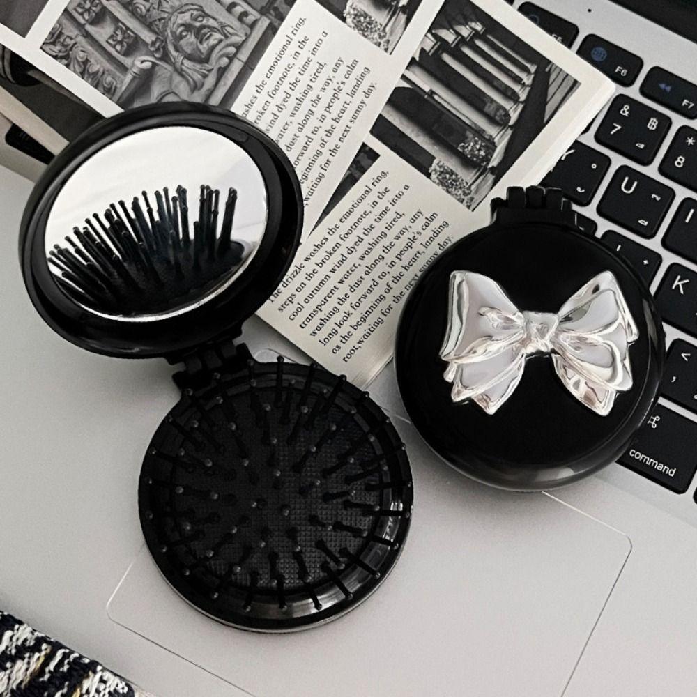 Korean Style 2 In 1 Comb Mirror Set Durable Bow Massage Comb with Mirror Female