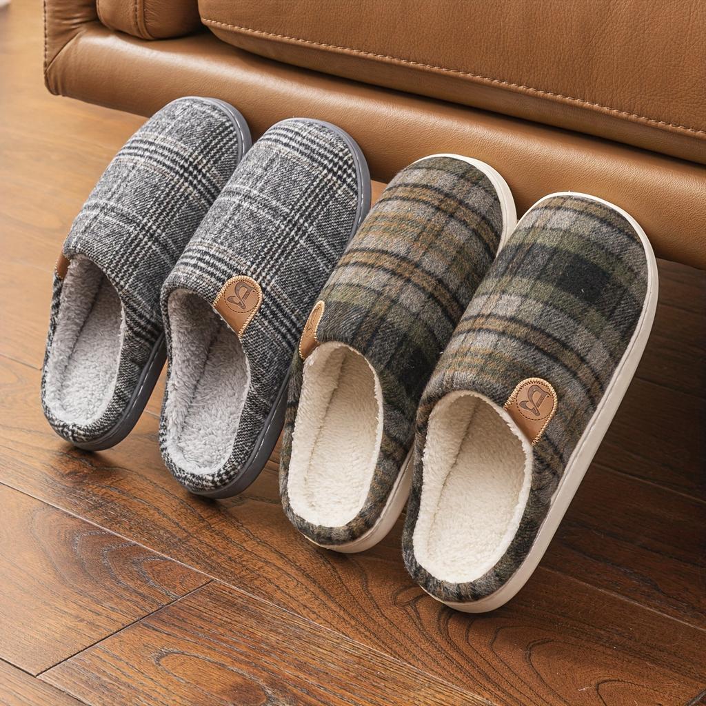 Fleece Vintage Plaid Warm Soft Mens Womens Slippers Minimalist Solid Color With Alphabet Pattern Round Toe Slipon Shoes For Fall Springwinter