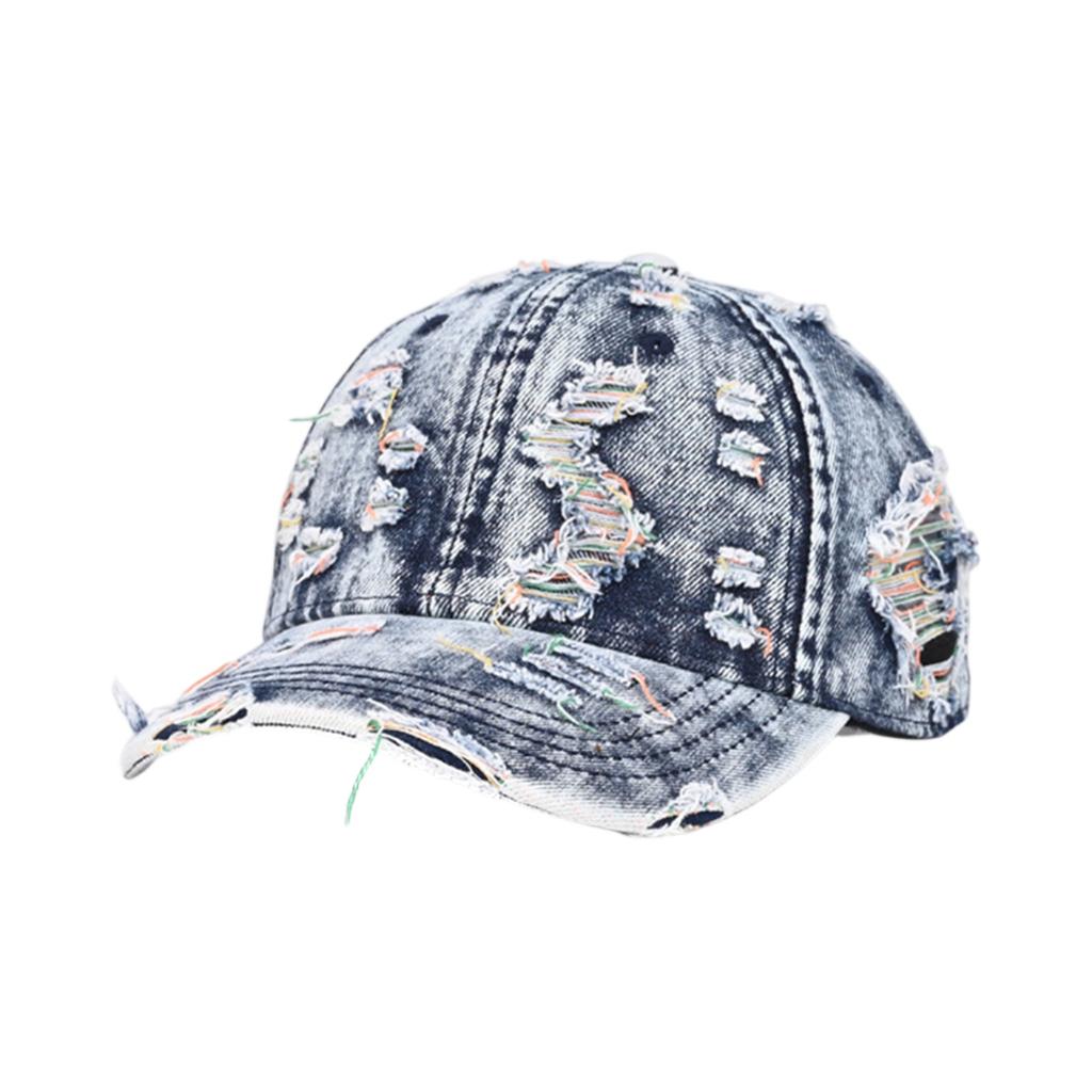 Distressed Denim Baseball Cap with Torn Detailing and Adjustable Strap for Casual Unisex Use Outdoor Activities