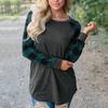 Women T-shirt Round Neck Long Sleeve Splicing Plaid Casual Top