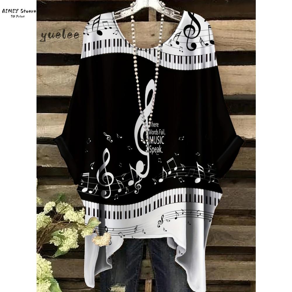 T-shirt Elegante Bohemien da Donna Stampa Notte Stellata Bianco Pois su Tutta la Superficie Orlo Asimmetrico Scollo a O Moda Casual Donna Abbigliamento Y2k