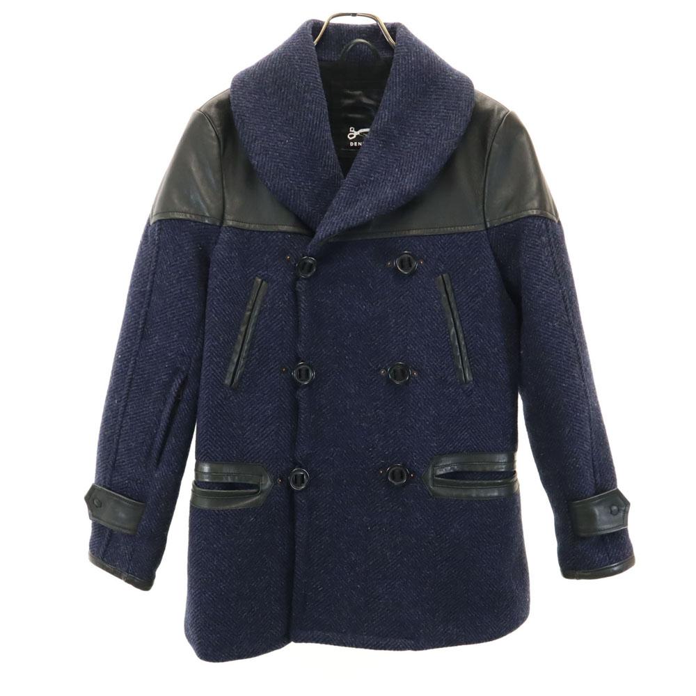 

DENHAM CAGNEY FBH Шерстяное пальто-бушлат с кожаными вставками Темно-синий x черный Мужское Б/у
