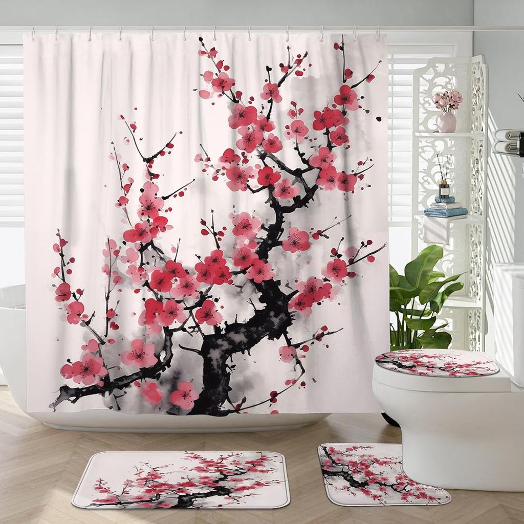 Japanese Cherry Blossom Shower Curtain Set, Asian Anime Shower Curtains for Bathroom Cool Watercolor Abstract Art