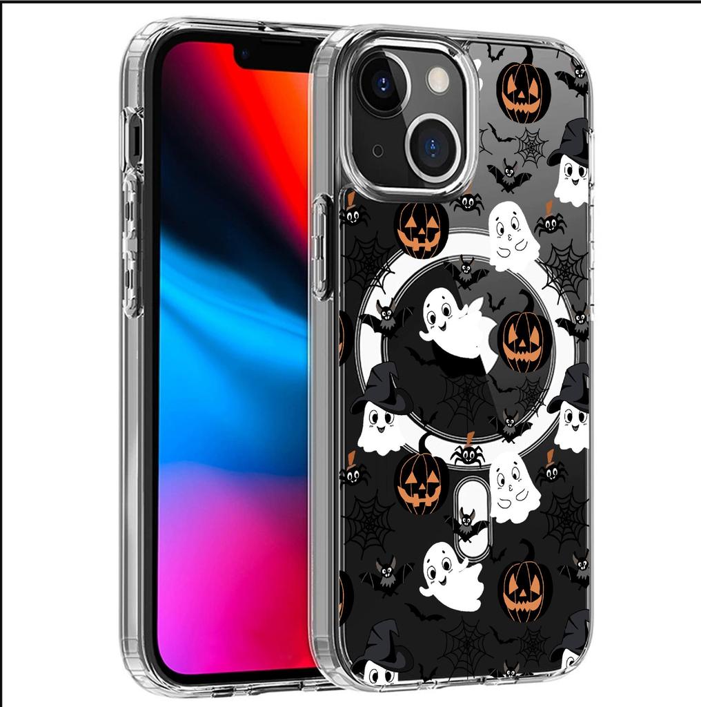 Transparent Black Pumpkin Skull Magnetic Case for iPhone 15/16/17 Pro Max – Full Coverage