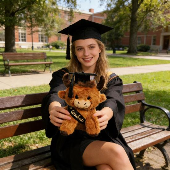 2026 Graduation Highland Cow Plush Toy with Cap Gown Soft Stuffed Animal Graduation Keepsake Toy for Preschool High School College Grads