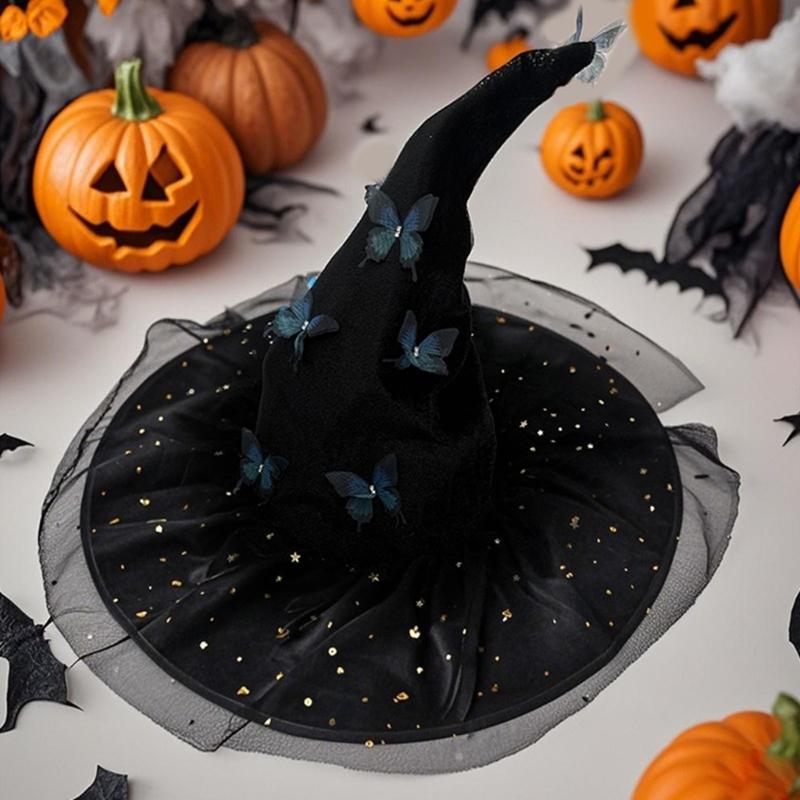 Elegant Curved Brimmed Witch Hat With 3D Butterfly Decoration Halloween Cosplay Accessory Multiple Colors