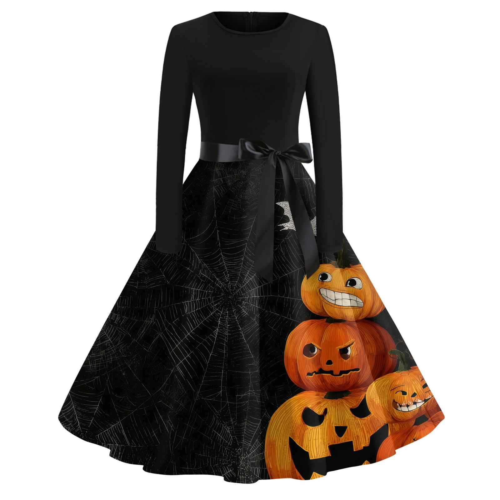 Women s Casual Vintage Halloween Dress Long Sleeve Round Neck A-Line Midi Dress with Bow Waistband and Pumpkin Print Skirt L чёрный