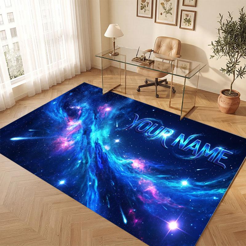 Space Cosmic Theme Crystal Velvet Floor Rug Personalized Custom Name Text Warm Carpet Home Decoration