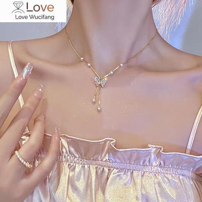 Inlaid Zircon Shiny Butterfly Pearl Pendant Necklace Women Personality Fashionable Clavicle Chain Wedding Jewelry Birthday Gift