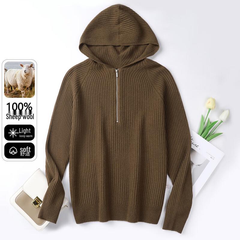 SNOWFLYING Women's 100% Merino Wool Ribbed Half-Zip Hooded Sweater