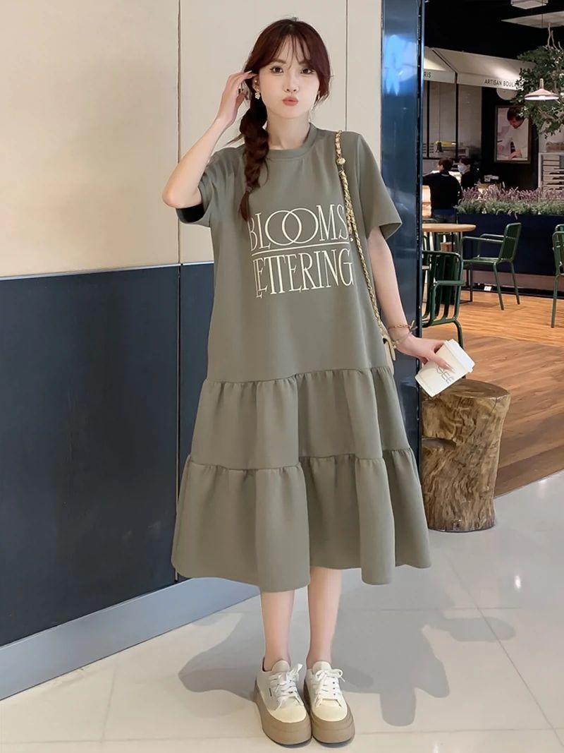 

Ruffle leaf edge short sleeve over the knee fishtail dress fat MM extra large size catty summer loose belly and thin T-shirt skirt 3XL
