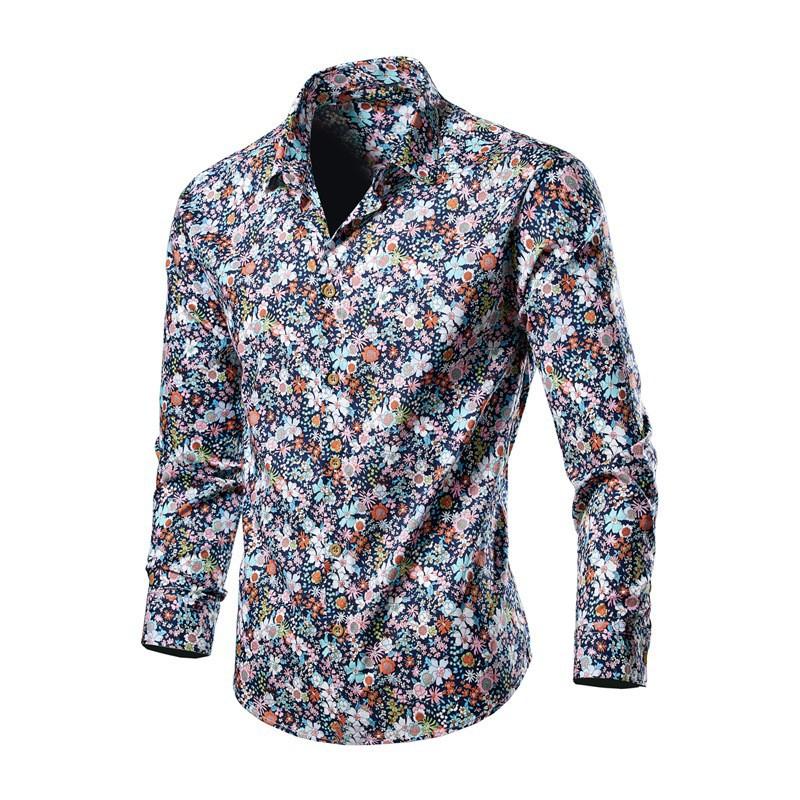 Men's Baroque Style Floral Print Shirt Contrast Collar Long Sleeve Button Up Casual Top