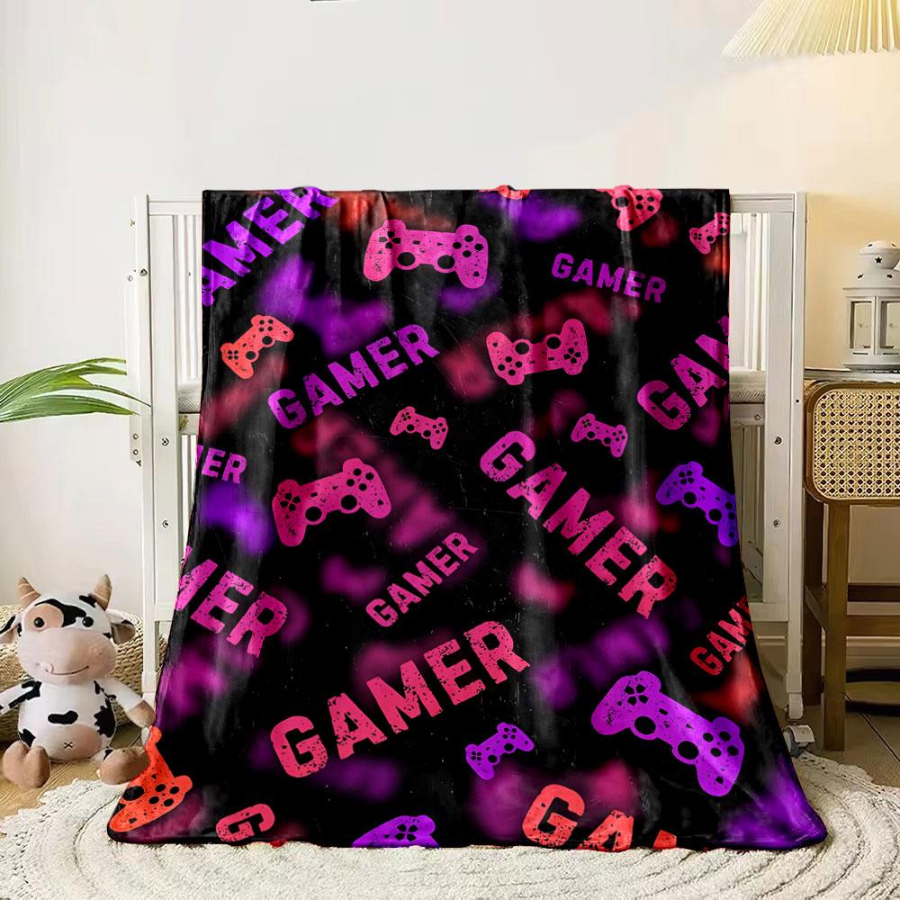 Colorful Game Controllers and "GAMER" Text Scattered On a Black Background. for All Seasons Blanket Lunch Break Throw Gift