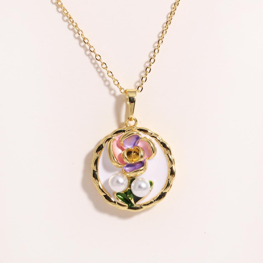 

Stainless Steel Women Flower Pendant Necklace 18K Plated Gold Pearl Handmade Oil Painting Series Colored Drawing Enamel Jewelry