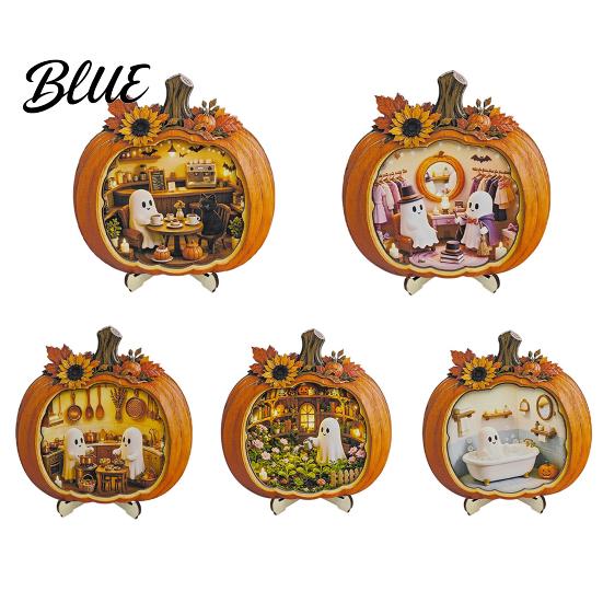Handmade Wooden Halloween Art Ghost Pumpkin Tabletop Sign House with Mini Tiered Stacked Crafts Scene Fall Harvest Desktop Ornament for Home Office