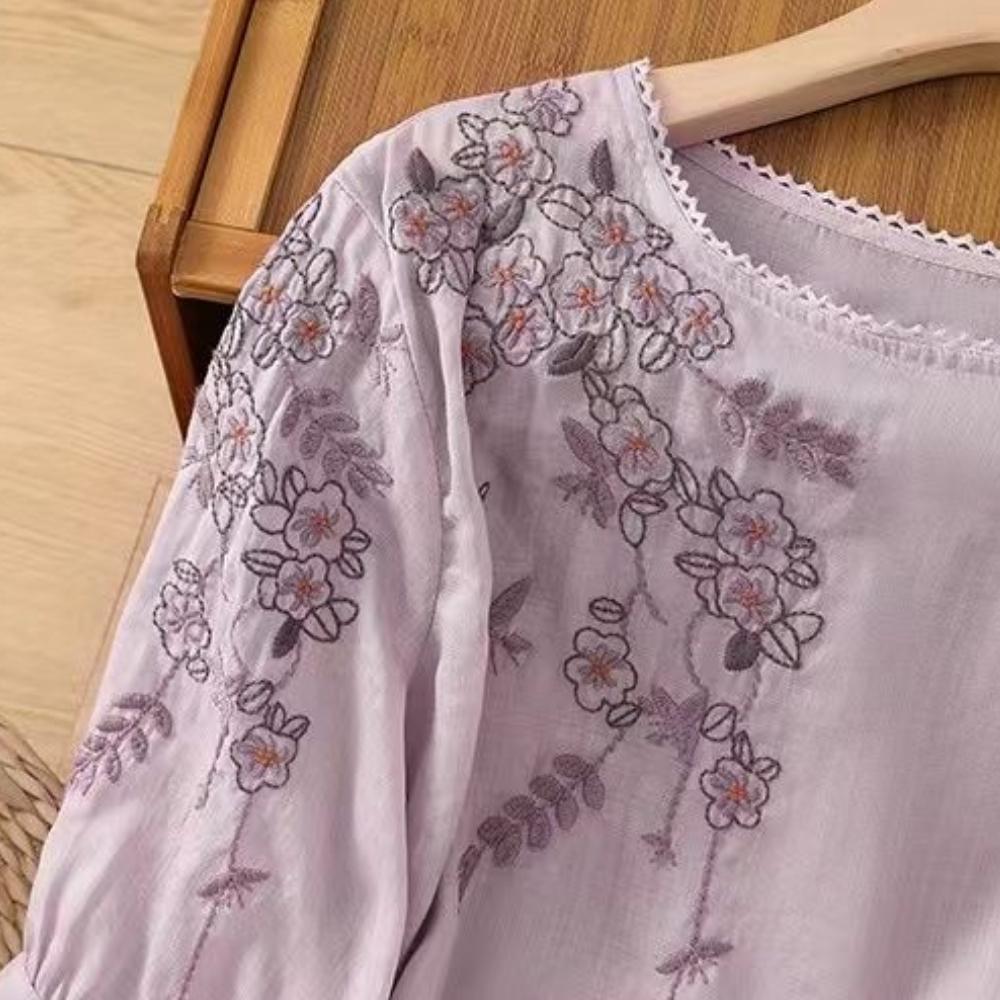 Summer New Thin Crew Neck Shirt Embroidered Literary and Thin Retro Loose Short-sleeved T-shirt