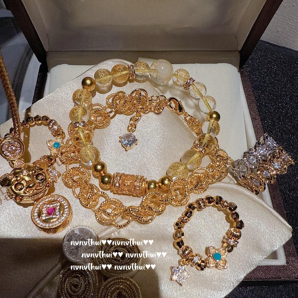 Ancient Gold Chiseled Motto Blessing Bead Citrine Bracelet, New Chinese Style, Gold String Line Car Flower Lace Zircon Bracelet