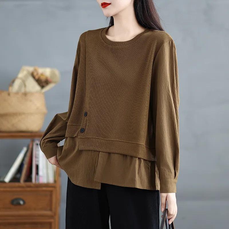 Blusa da Donna Nera Girocollo Stratificata con Decorazioni a Bottone Vestibilità Larga Casual Maglione a Maniche Lunghe