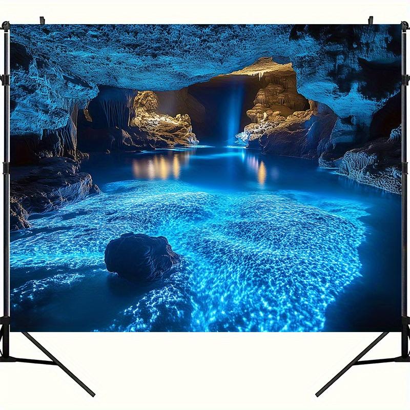 2D Flat - Extra Large Blue Cave Landscape Tapestry in 2D Flat Design - a Vibrant Underwater Scene Featuring Luminous Lights, Mad