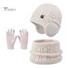 Girls Winter Warmth Set 3Pcs/Set Kids Hat Scarf Gloves Solid Color Twist Texture Fleece And Lining Earflap Touchscreen Neck Warmer Cold Weather