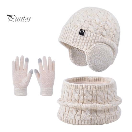 Girls Winter Warmth Set 3Pcs/Set Kids Hat Scarf Gloves Solid Color Twist Texture Fleece And Lining Earflap Touchscreen Neck Warmer Cold Weather