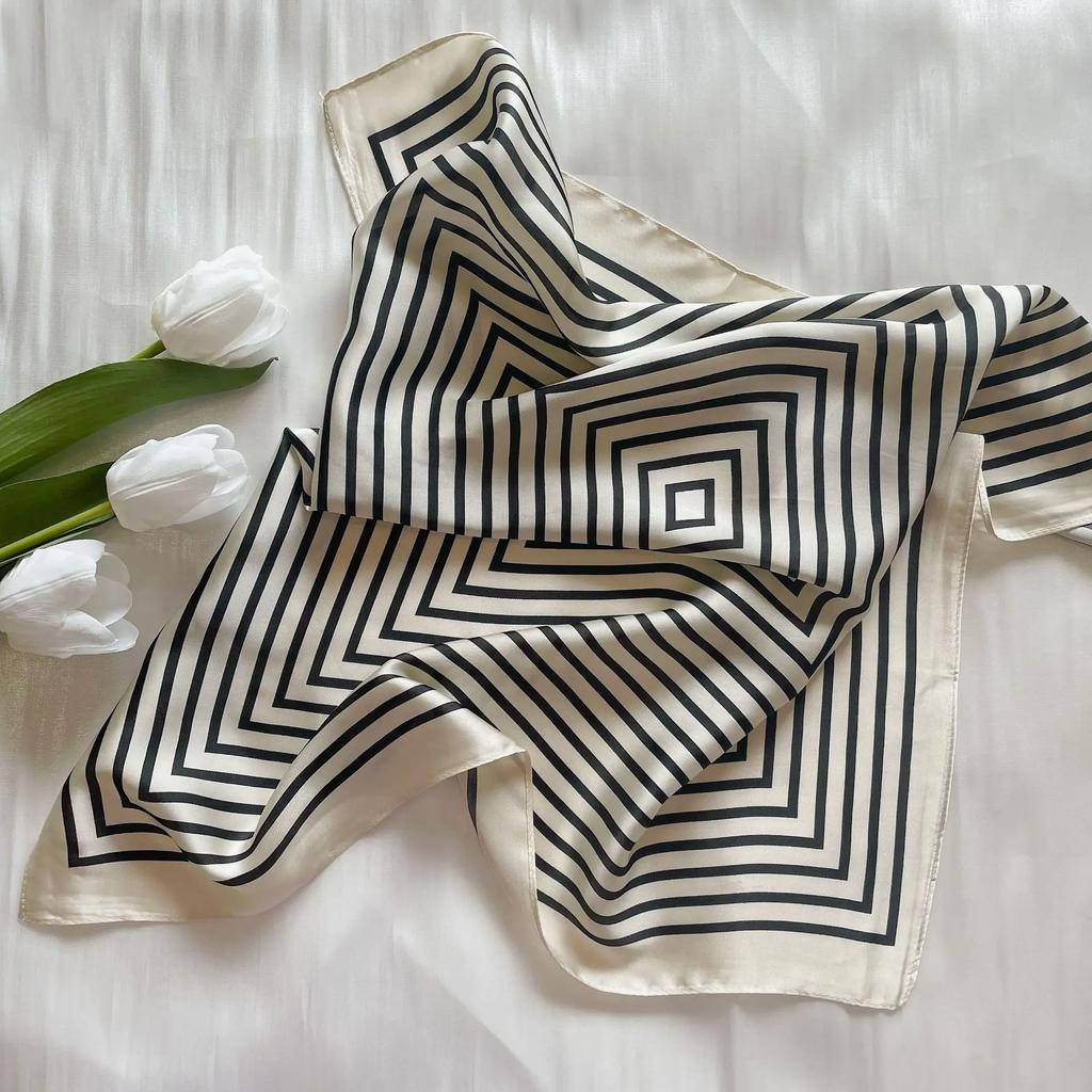 Square Imitation Silk Scarf Black And White Striped Head Wrap For Women Multifunction Silk Feeling Neckerchief