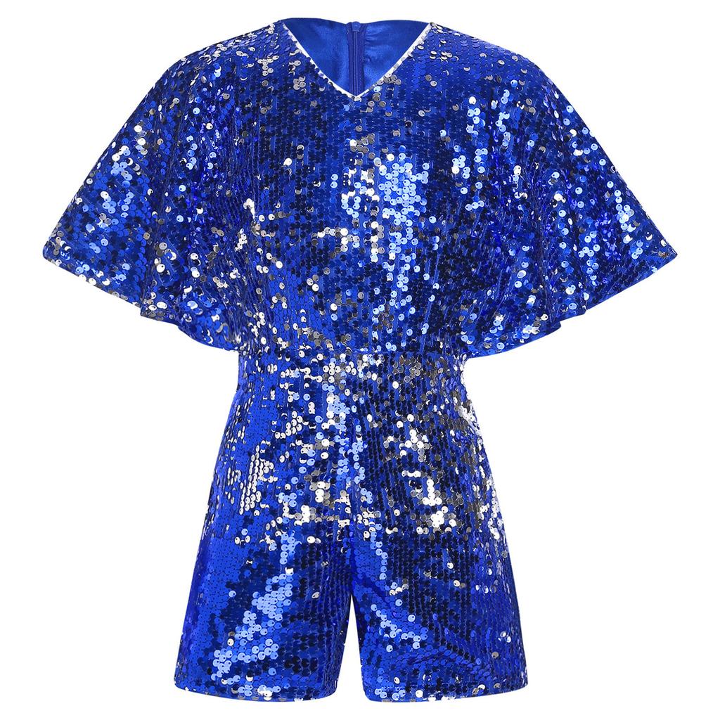 Girls Sparkling Sequins Jumpsuit V Neck Cap Sleeve Bodysuit Birthday Party Stage Performance Costume