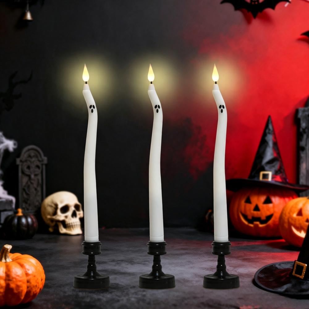 Halloween Twisted Ghost LED Taper Candles Flameless Spooky Ghost Face Electronic Candle For Halloween Party Gothic Table Decor