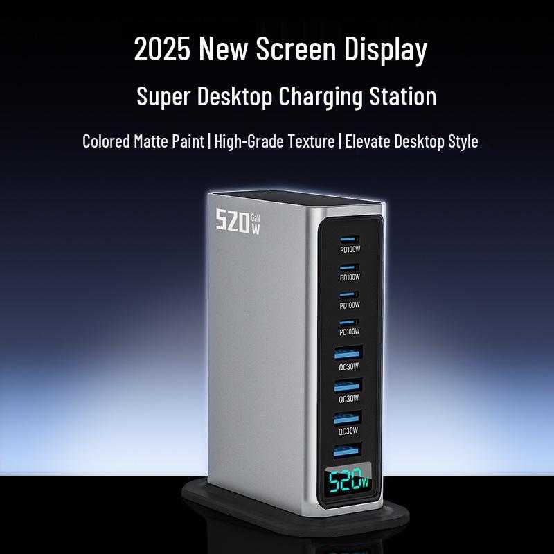 High-End 520W GaN-Ladegerät: Schnelle 8-Port-Desktop-Station mit KI-Digitalanzeige