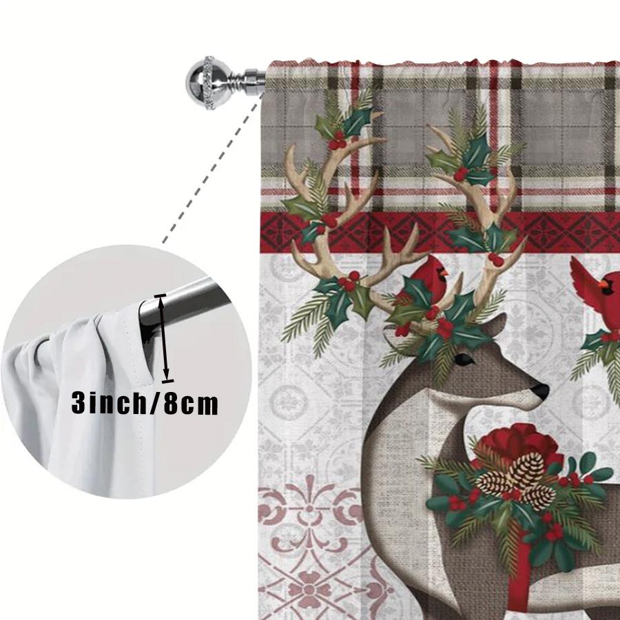 2PCS Digital Print Christmas Curtains, Plaid Reindeer Cardinal Holly Border, Rustic Country Window Drapes for Holiday Home Decor
